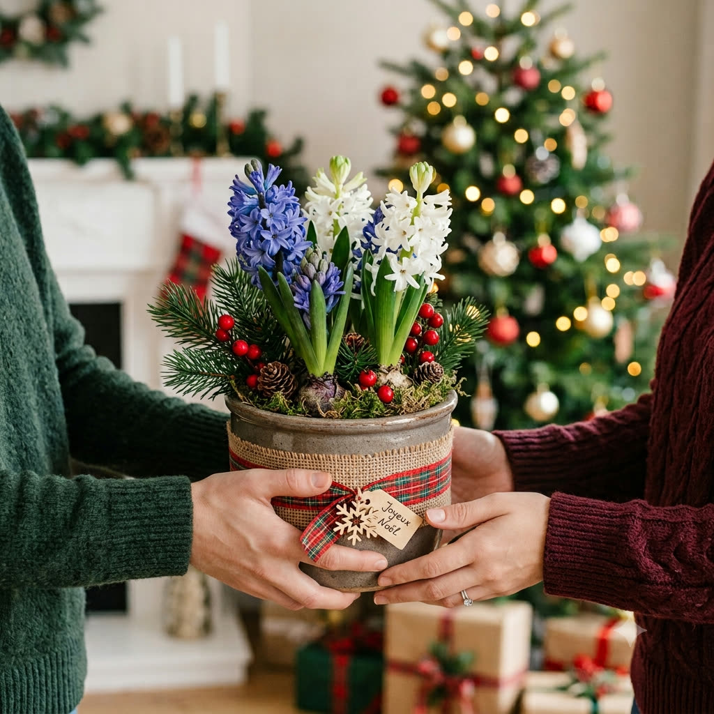 Composition de jacinthes bleues et blanches en pot offerte devant un sapin de Noël