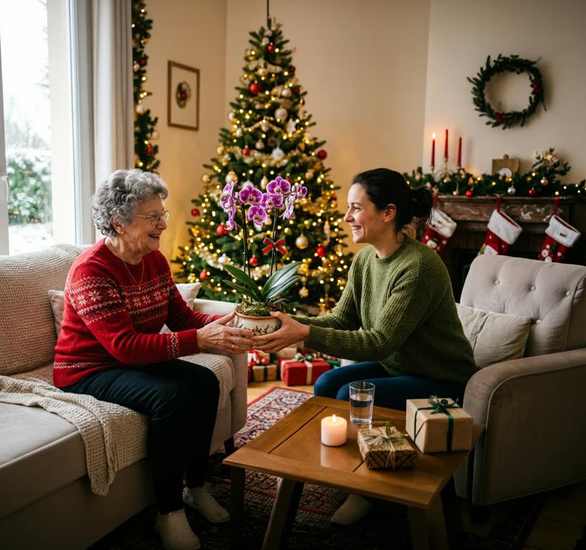 Une jeune femme offre un cadeau à sa grand-mère dans un salon décoré pour Noël
