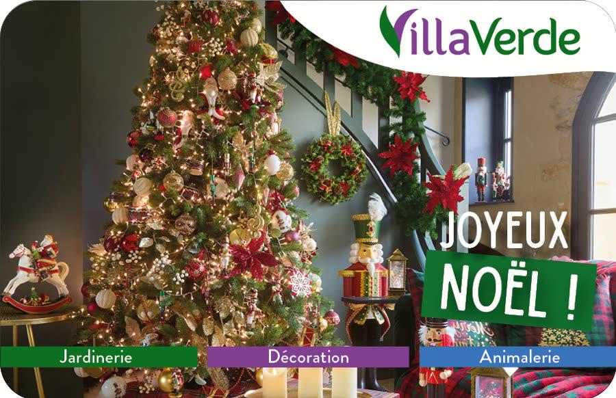 Carte cadeau VillaVerde Noël avec sapin décoré rouge et or et mention Joyeux Noël