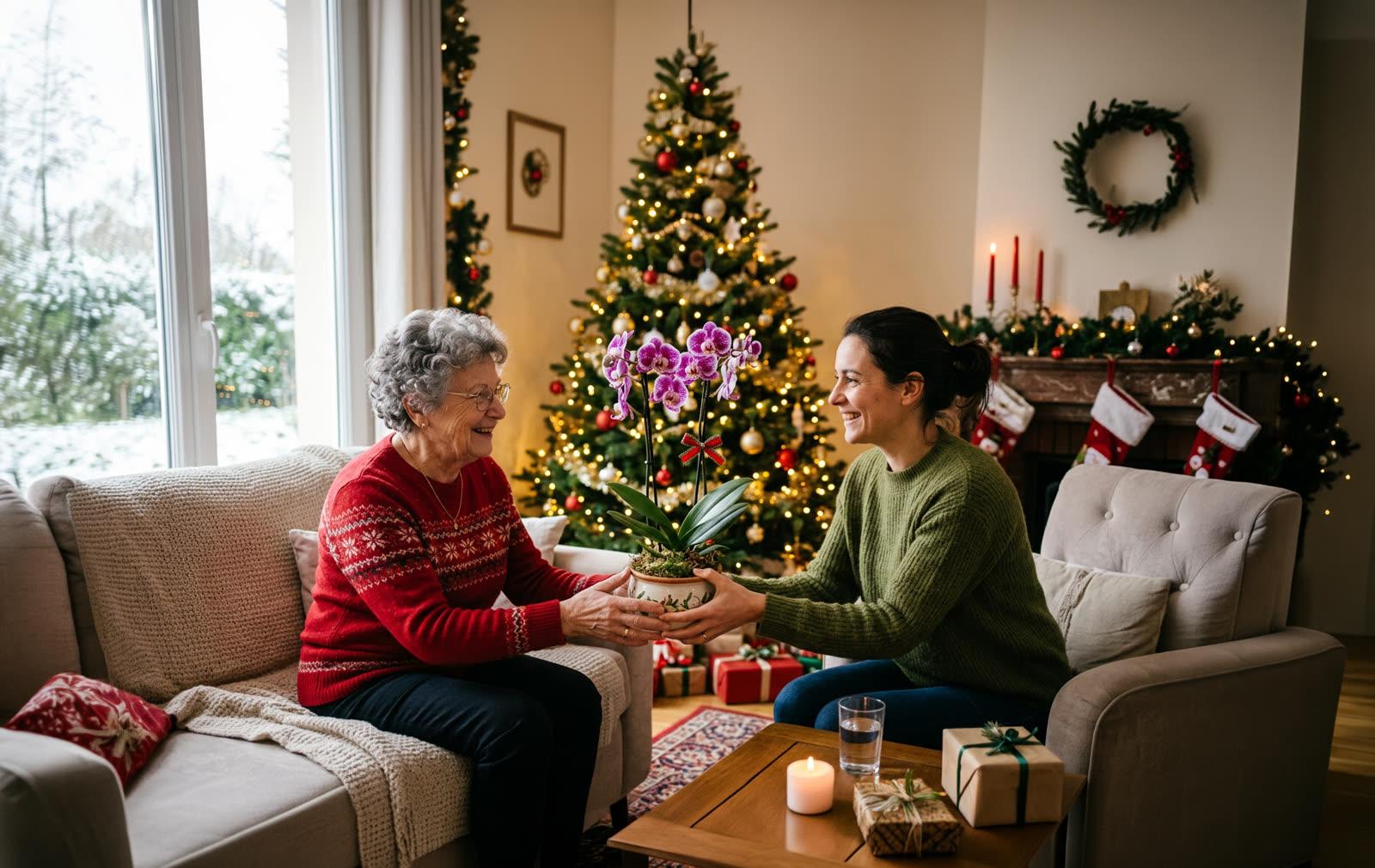 Une femme offre une orchidée en pot à sa grand-mère dans un salon décoré pour Noël