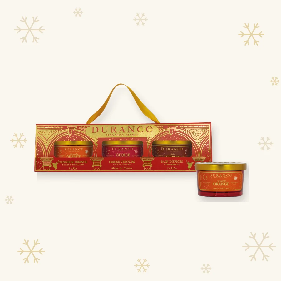 Coffret de trois bougies parfumées Durance aux couleurs de Noël