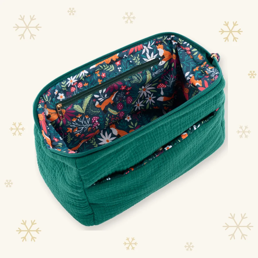 Grande trousse de toilette en coton vert à motifs fleuris