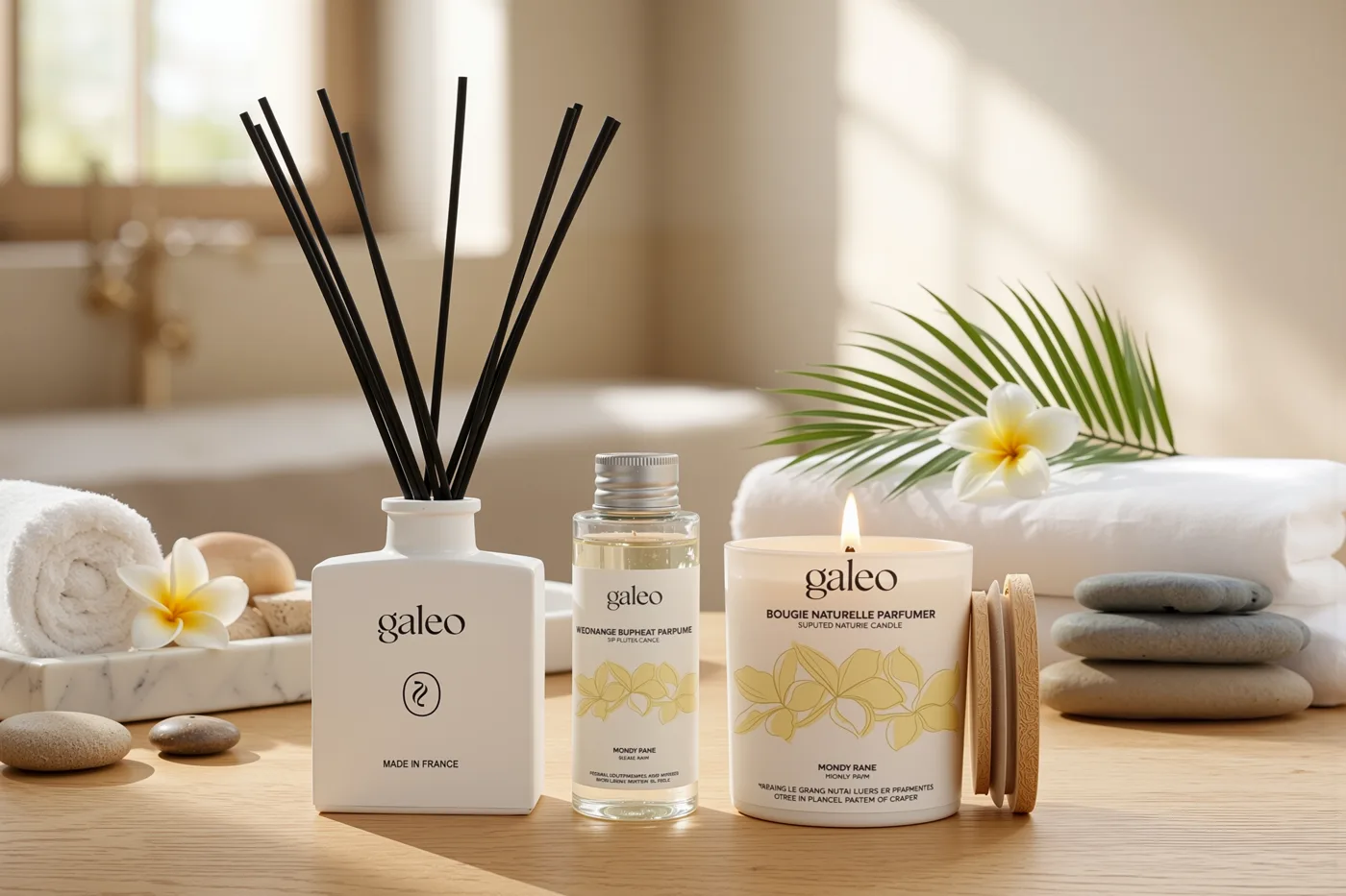 Diffuseur de parfum à bâtons de rotin et bougie Galeo dans une salle de bains douce et lumineuse