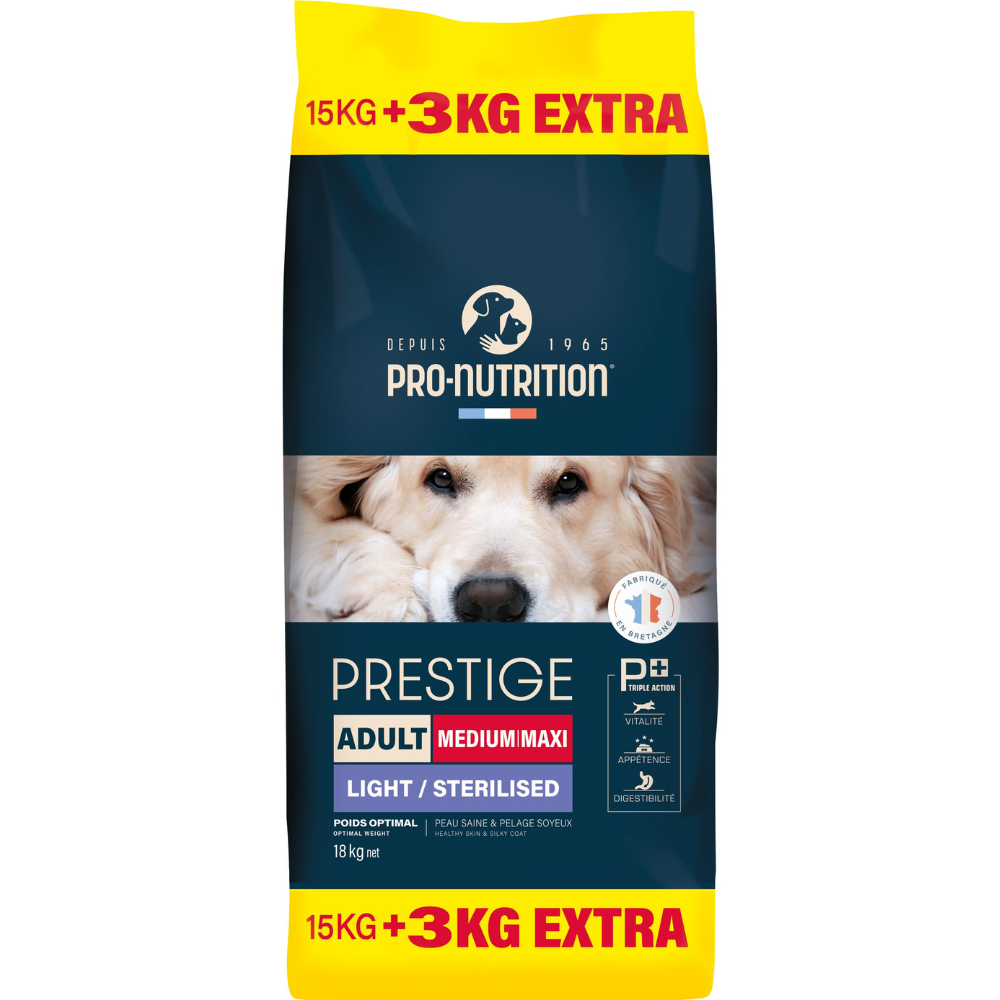 Croquettes pour chiens Prestige Light sterilized PRO NUTRITION 15+3KG