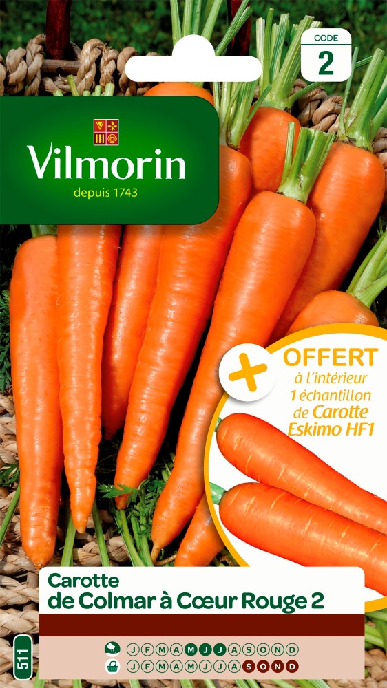 Graines de carotte de colmar à cœur rouge 2 + échantillon eskimo hf1 VILMORIN