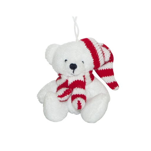 Peluche ours blanc avec écharpe et bonnet rayé rouge KALIDOU - 8cm