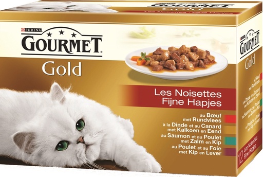 [2G-0009V4] Gourmet Les Noisettes : Bœuf, Poulet-Foie, Dinde-Canard, Saumon-Poulet 12X85G