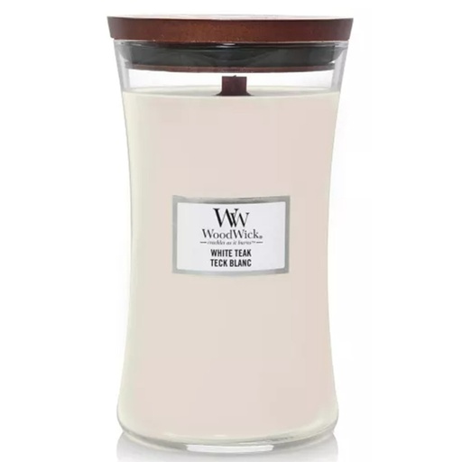 [23-00349R] Bougie jarre teck blanc WOODWICK - Grand modèle
